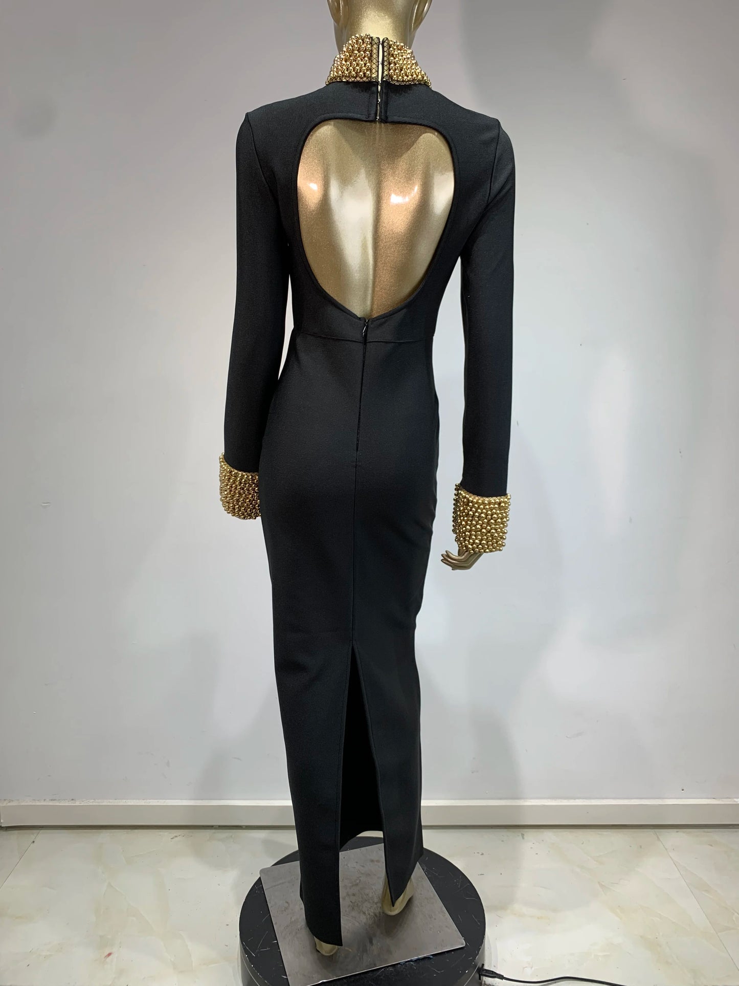 Long Sleeve Embellished Backless Maxi Dress Black HV1739
