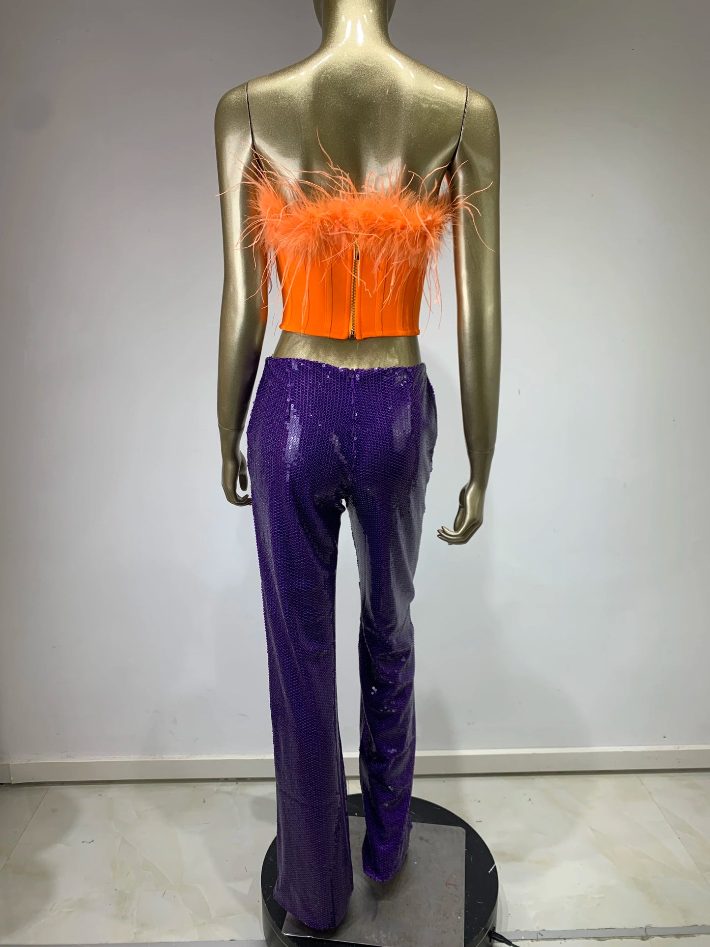 Strapless Feather Two Piece Jumpsuit Orange Purple HV9937