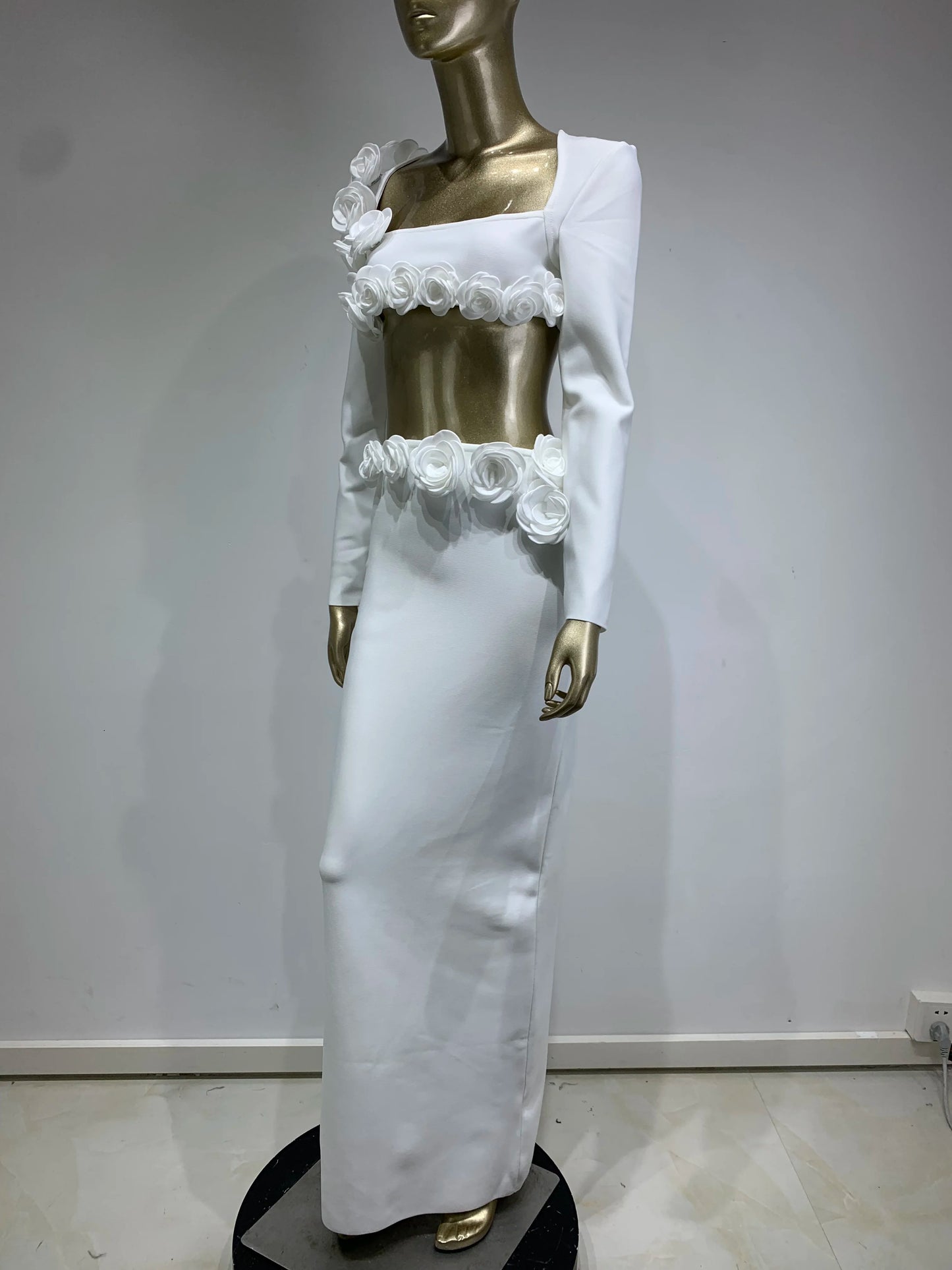 Long Sleeve Flower Detail Two Piece Maxi Dress White HV1155