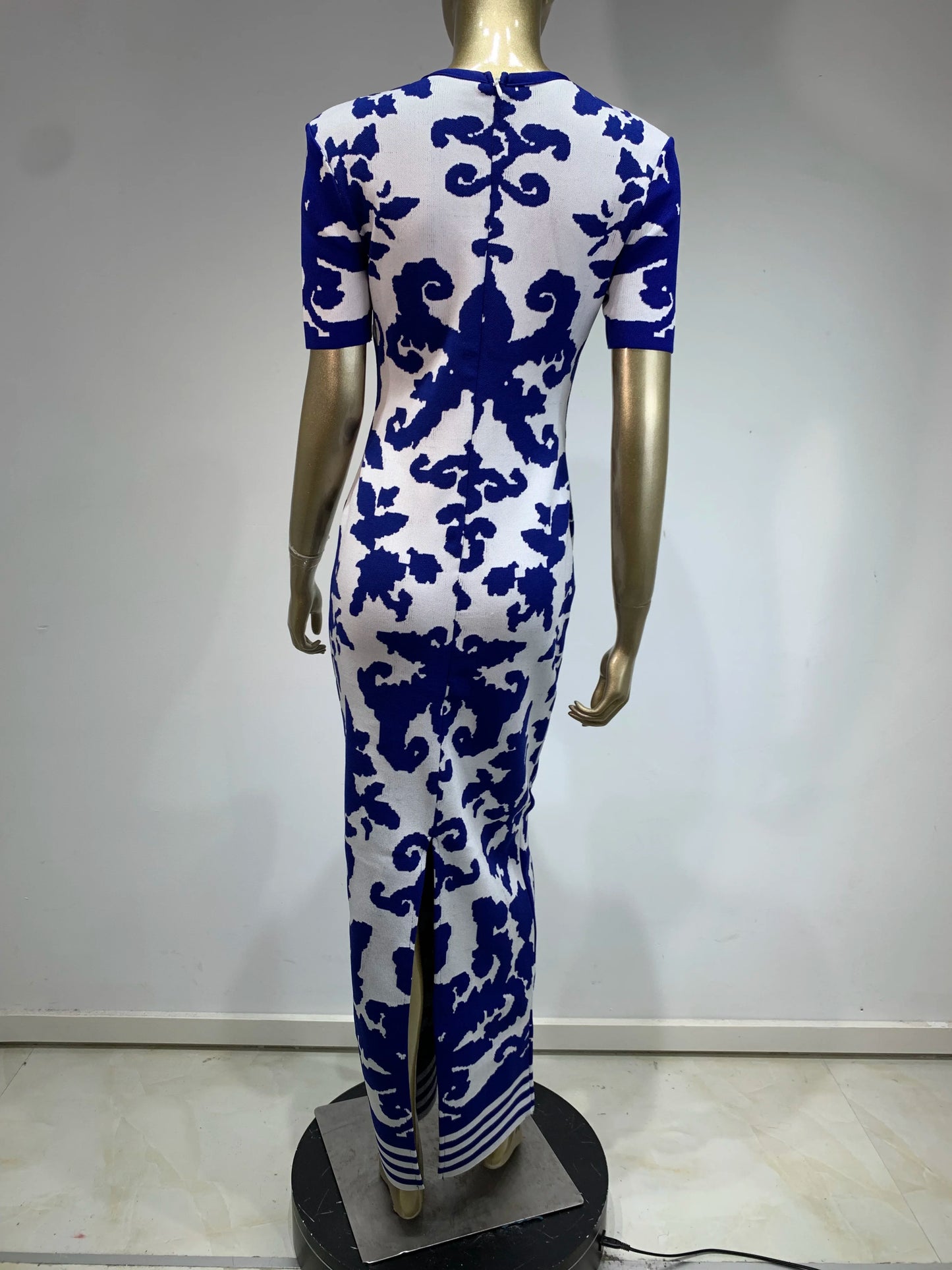 Short Sleeve Printed Maxi Dress Blue White HV1737