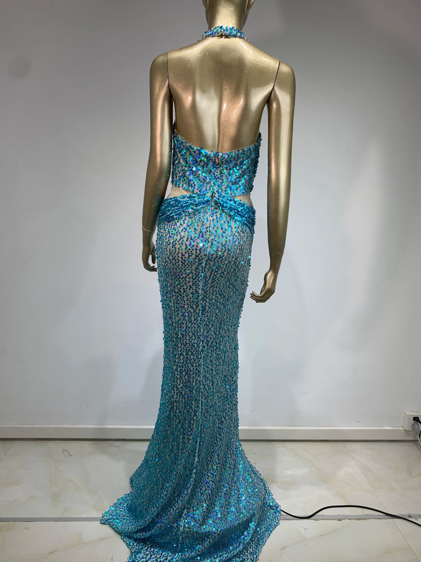 Halter Sequin Maxi Dress Turquoise HV1539
