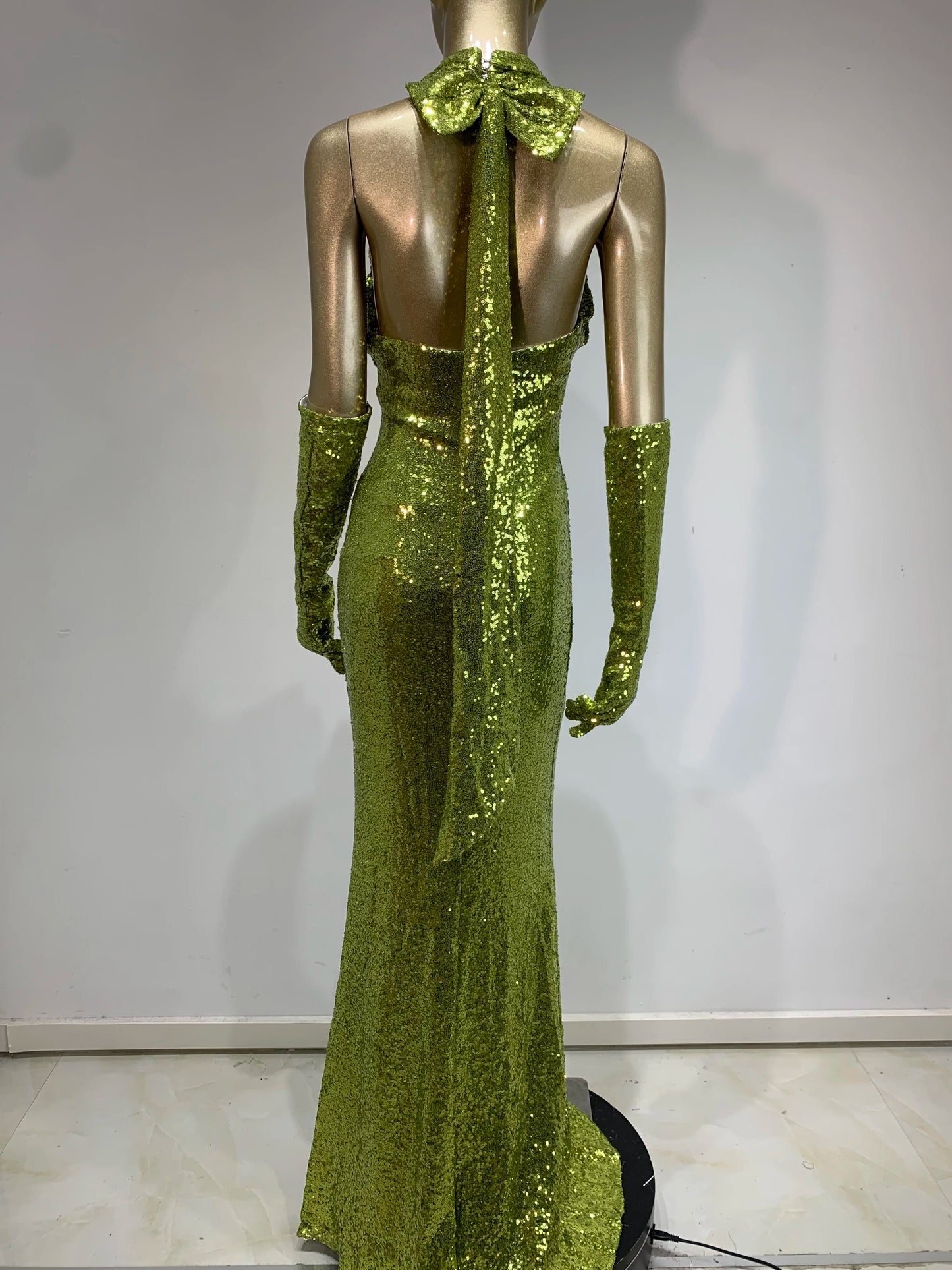 Halter Draped Sequin Maxi Dress Green HV1141