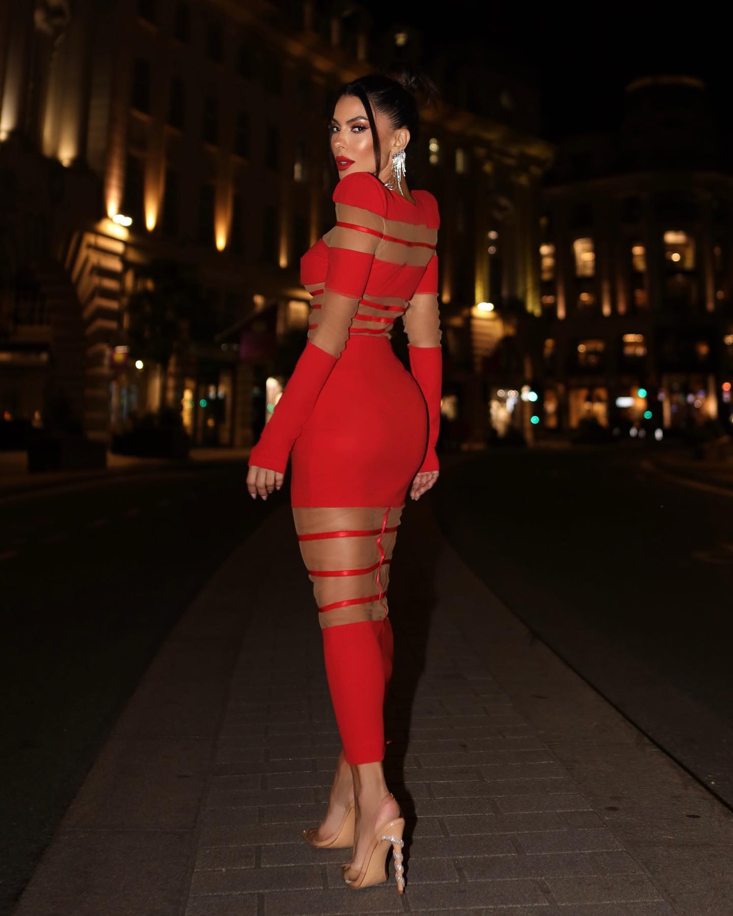 Long Sleeve Mesh Insert Midi Dress HV1502