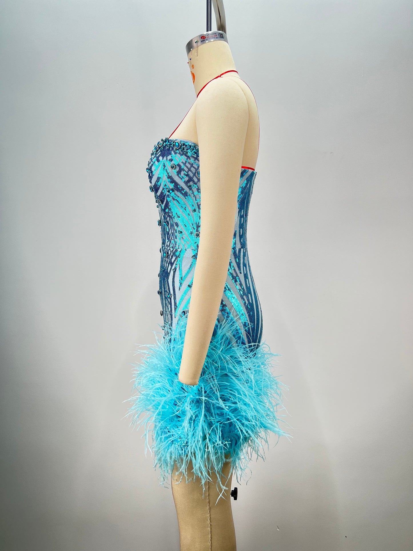 Strapless Sequin Crystal Feather Dress Blue HV1741