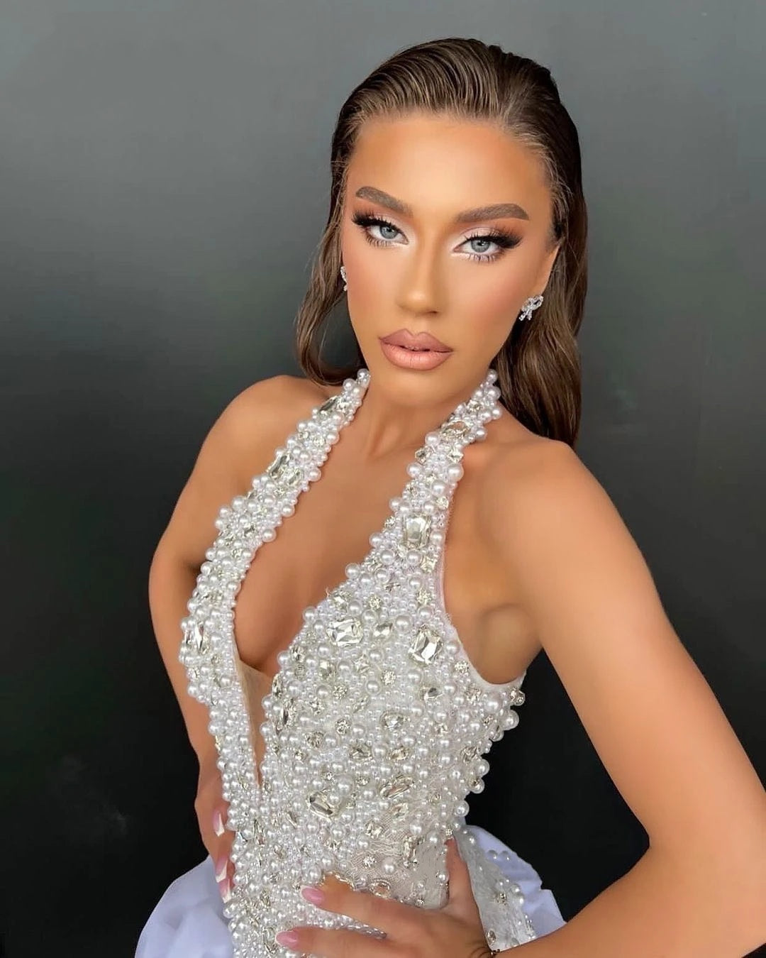 Halter Pearl Crystal Dress White HV1906