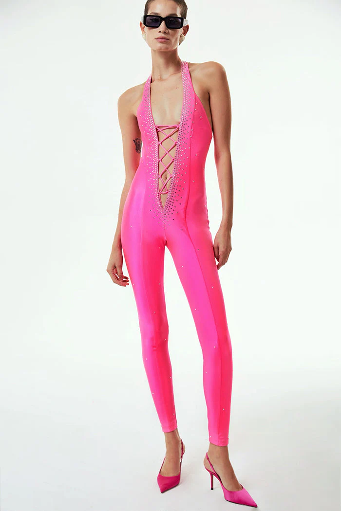 Halter Rhinestone Lace Up Jumpsuit HV9286