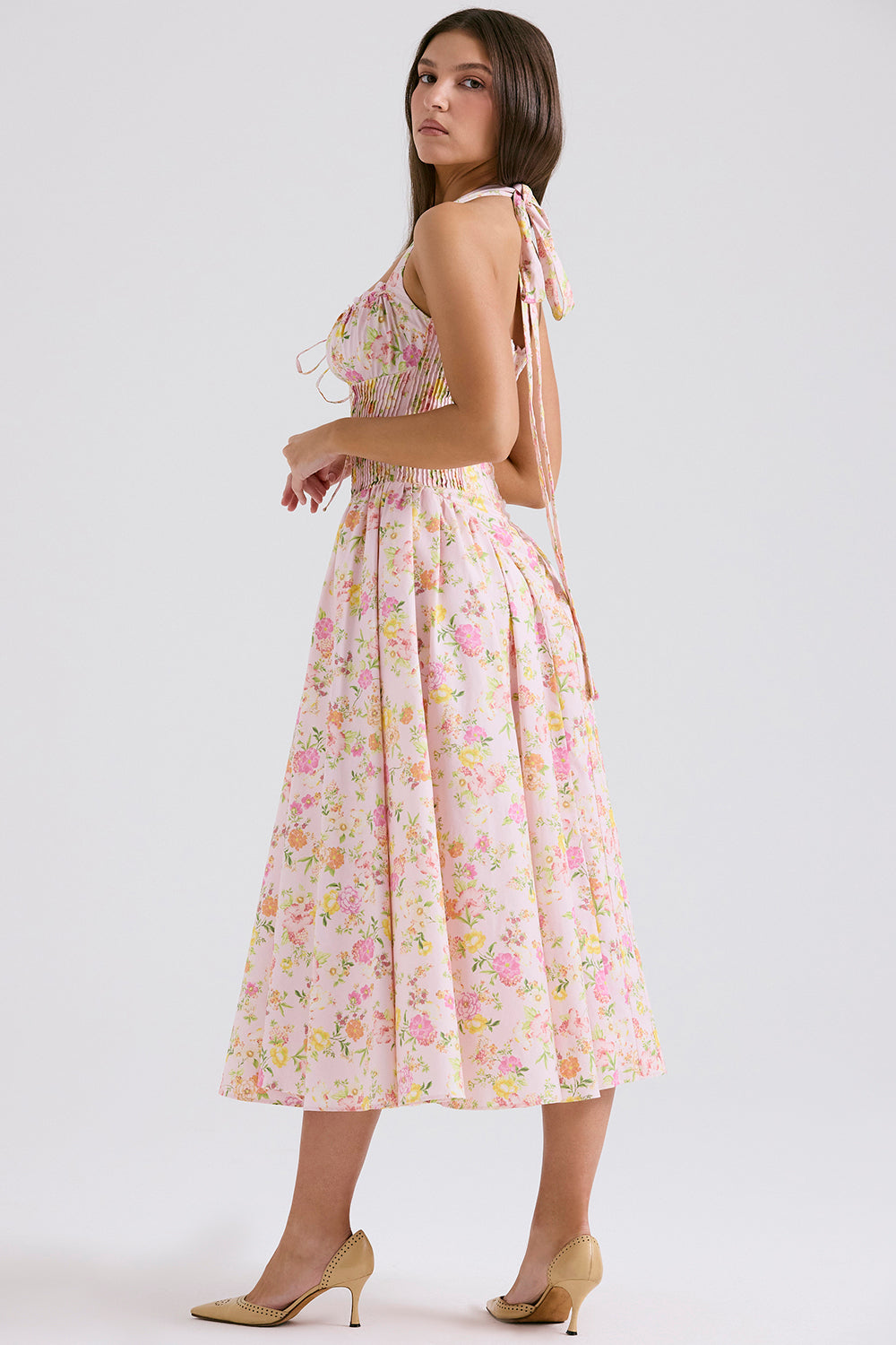 Halter Lace Bustier A Line Midi Dress Floral Pink HV1289