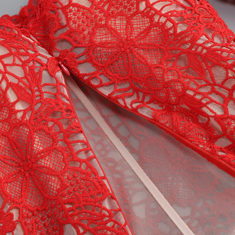 Long Sleeve Crochet Two Piece Jumpsuit Red