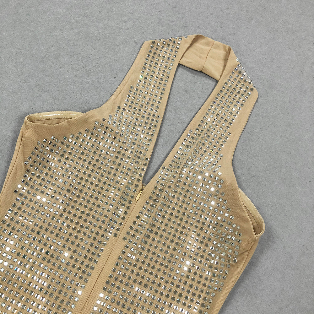 Halter Crystal Maxi Dress Nude