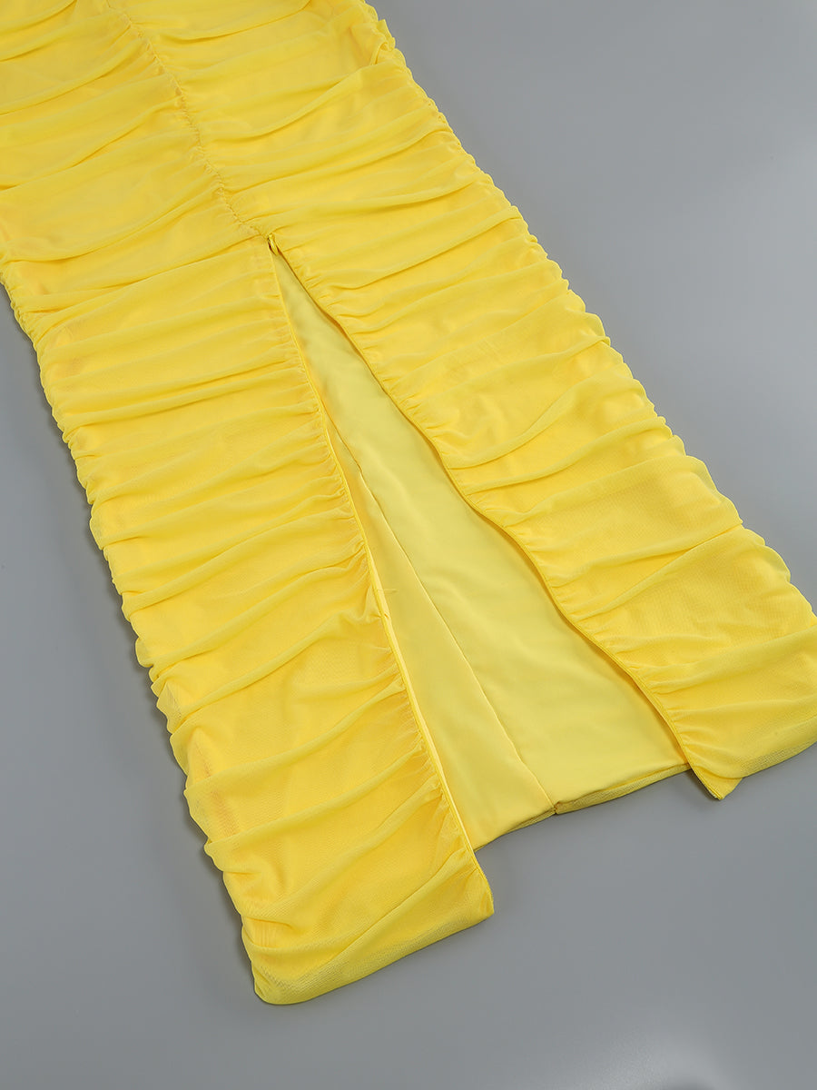Plunge V Neck Ruched Maxi Dress Yellow HV9828