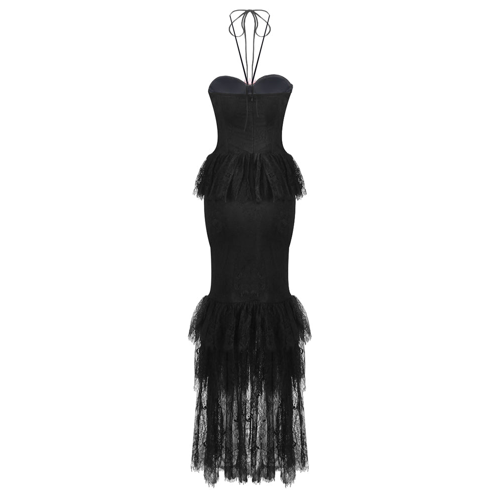 Halter Floral Lace Ruffle Maxi Dress Black HV2077