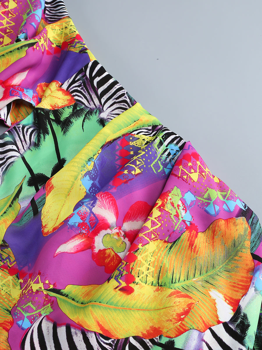One Sleeve Floral Ruffle Maxi Dress Hot Pink Lime HV1389