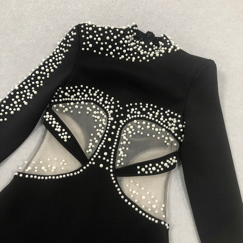 Long Sleeve Pearl Mesh Maxi Dress Black