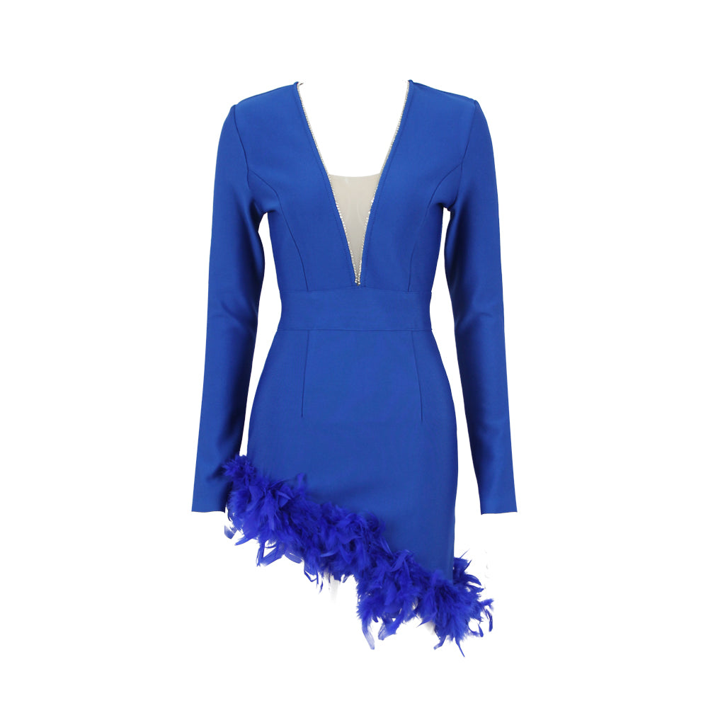 Long Sleeve Rhinestone Feather Dress HV9215