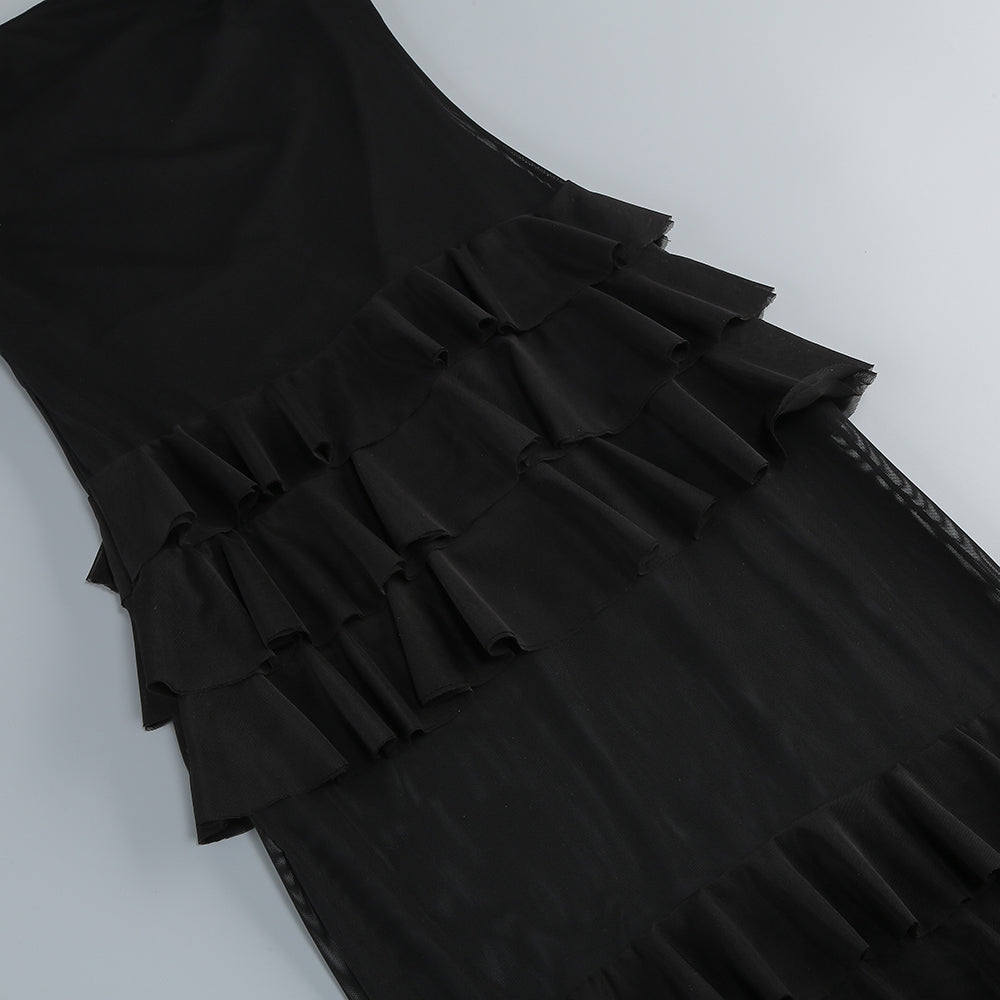 Strapless Ruffle Mesh Maxi Dress Black S025