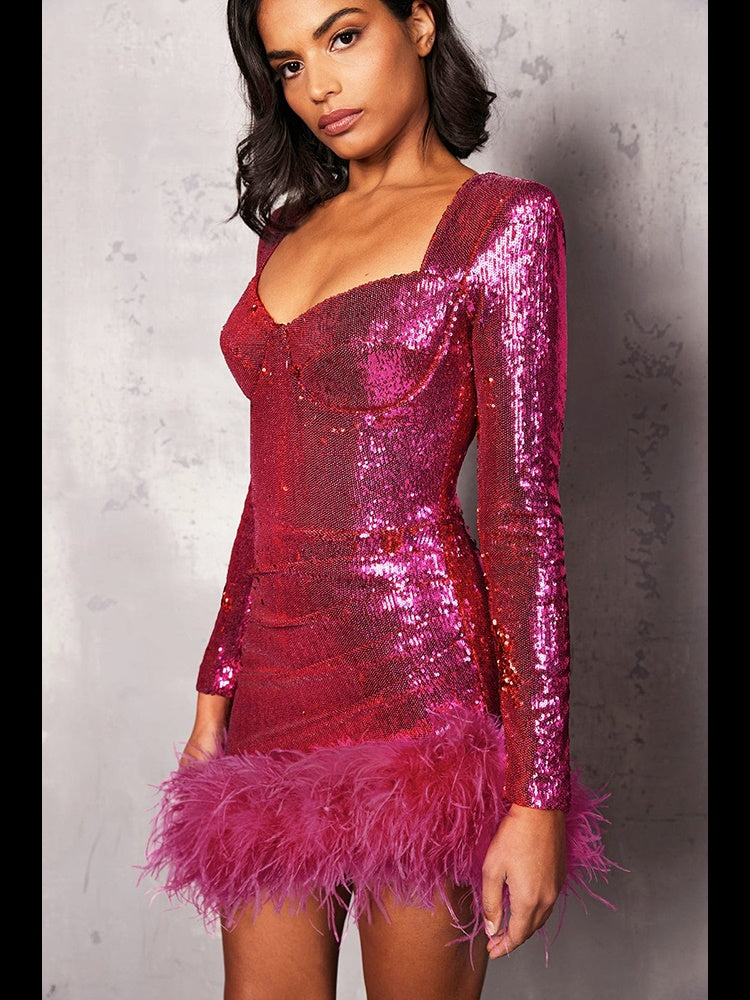Long Sleeve Bustier Feather Sequin Dress HV8913