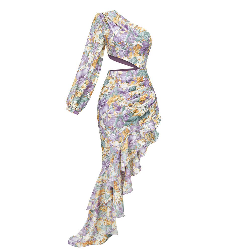 One Sleeve Floral Ruffle Maxi Dress Lavender HV8641
