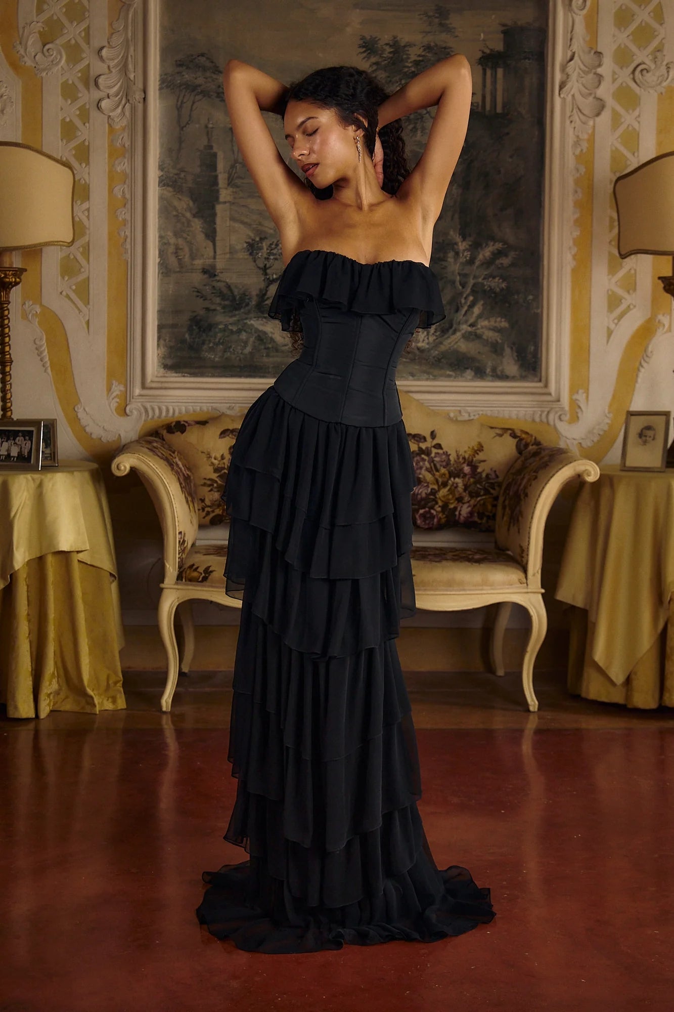 Strapless Corset Ruffle Maxi Dress