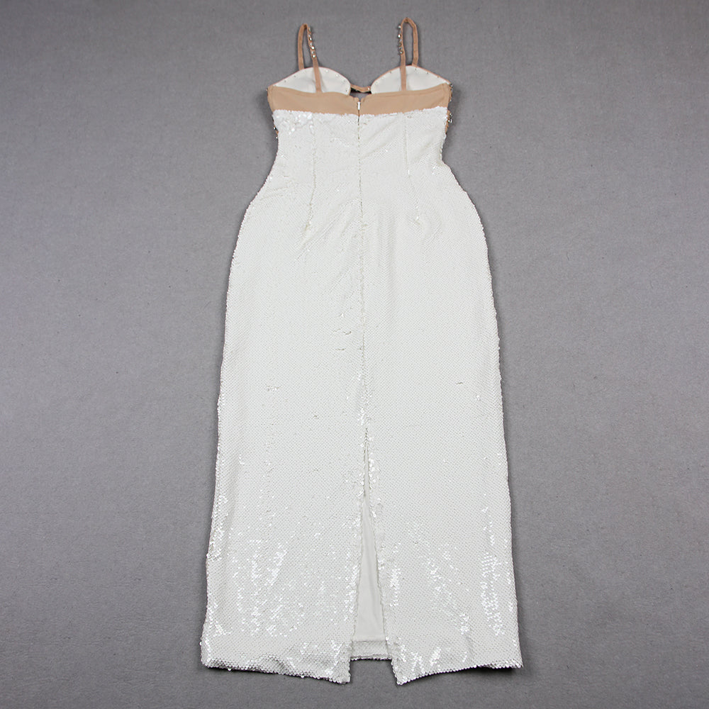 Crystal Bustier Sequin Midi Dress Nude White