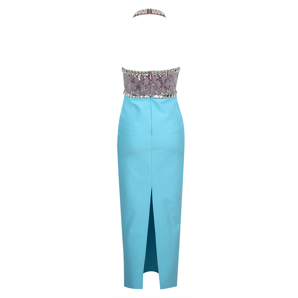 Halter Crystal Sequin Midi Dress Light Blue HV9505