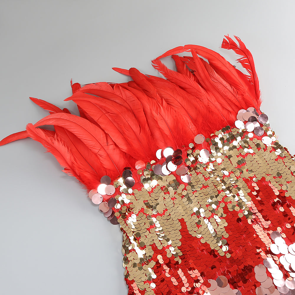 Strapless Feather Sequin Maxi Dress Red Gold HV1749