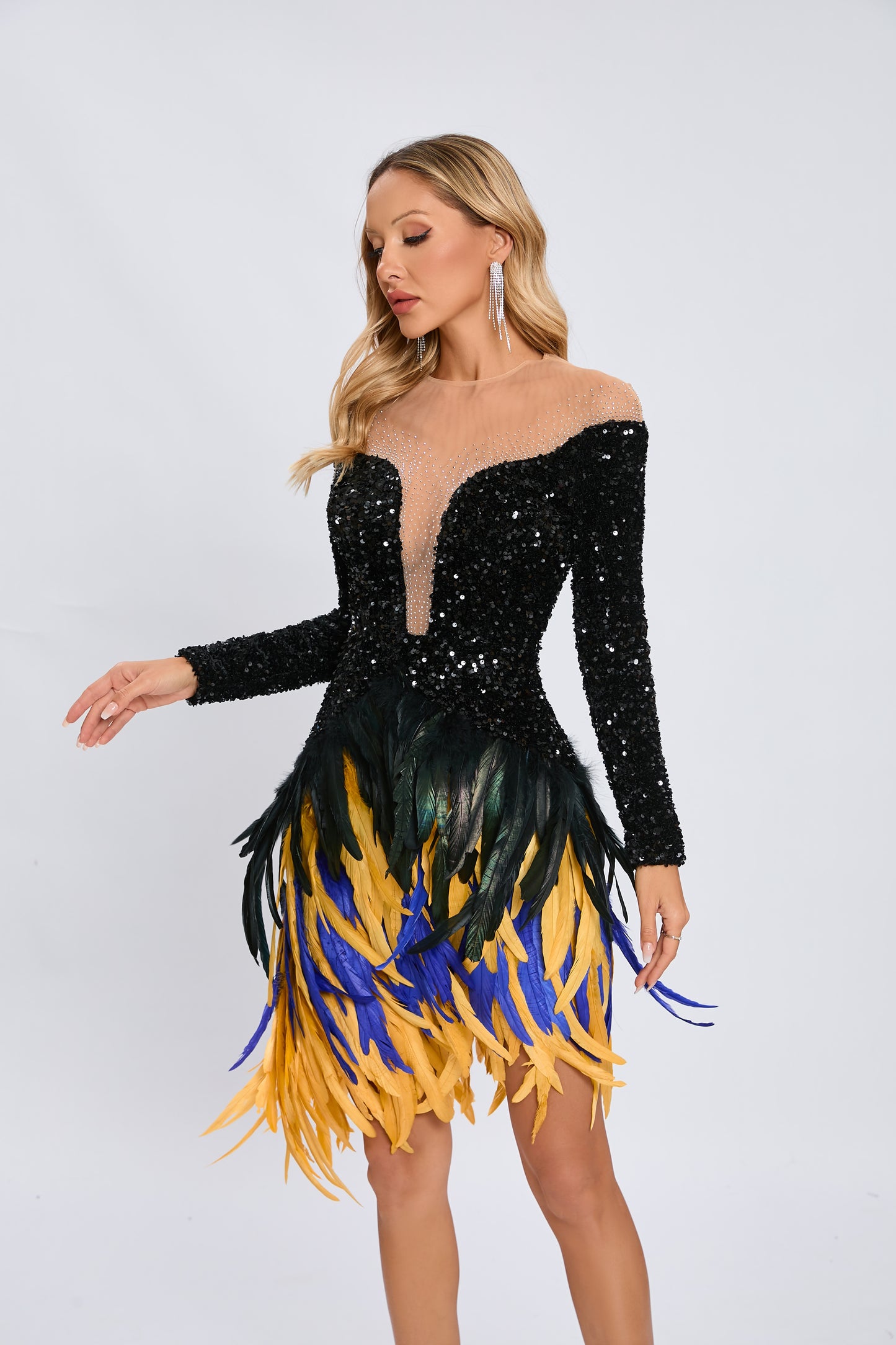 Long Sleeve Sequin Feather Dress Black HV1980