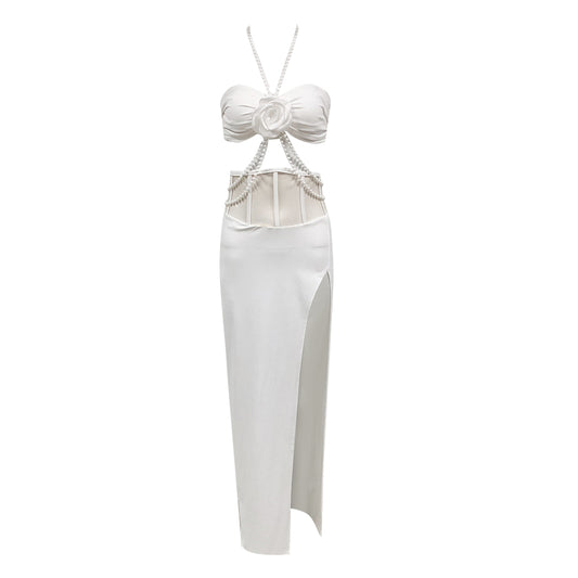 Halter Pearl Bustier Maxi Two Piece Dress White HV1494