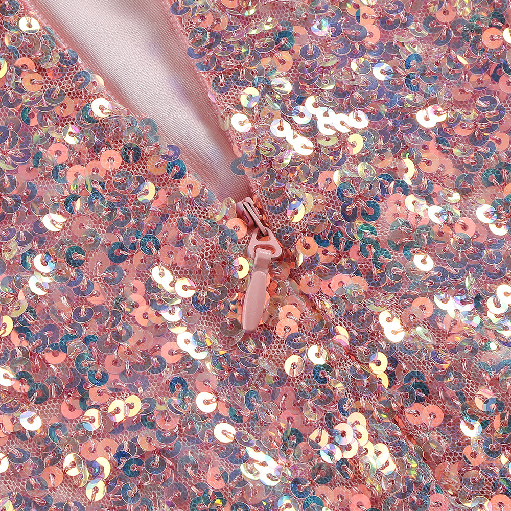 Feather Detail Sequin Midi Dress Pink White