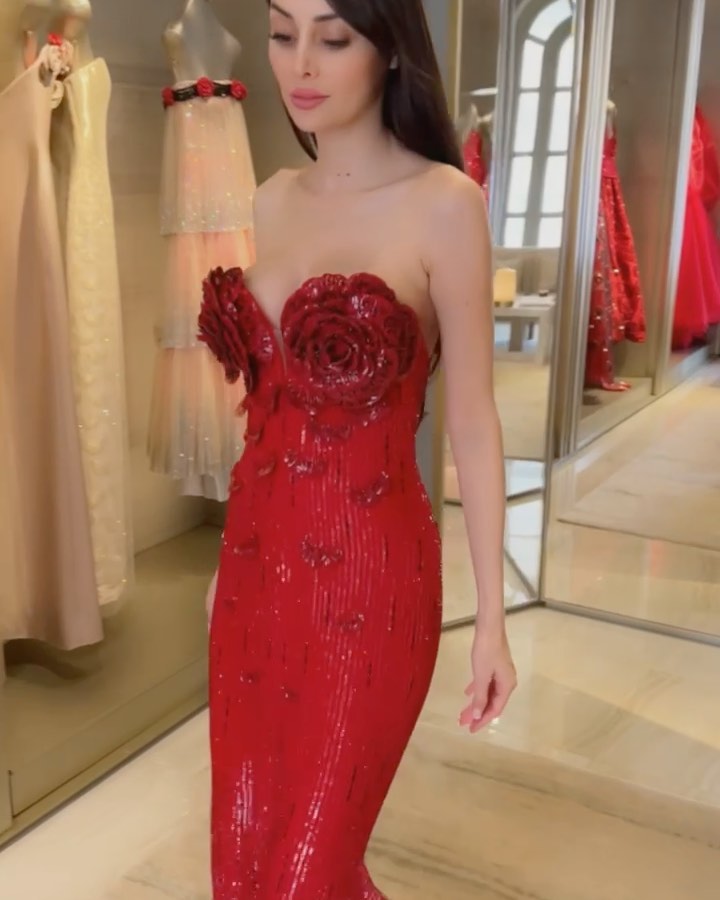 Strapless Flower Sequin Maxi Dress Red HV1007