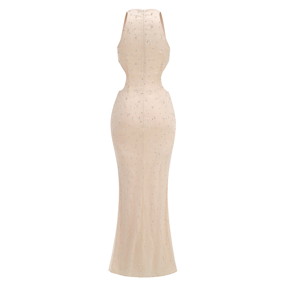 Pearl Crystal Side Cut Out Maxi Dress Ivory HV2155