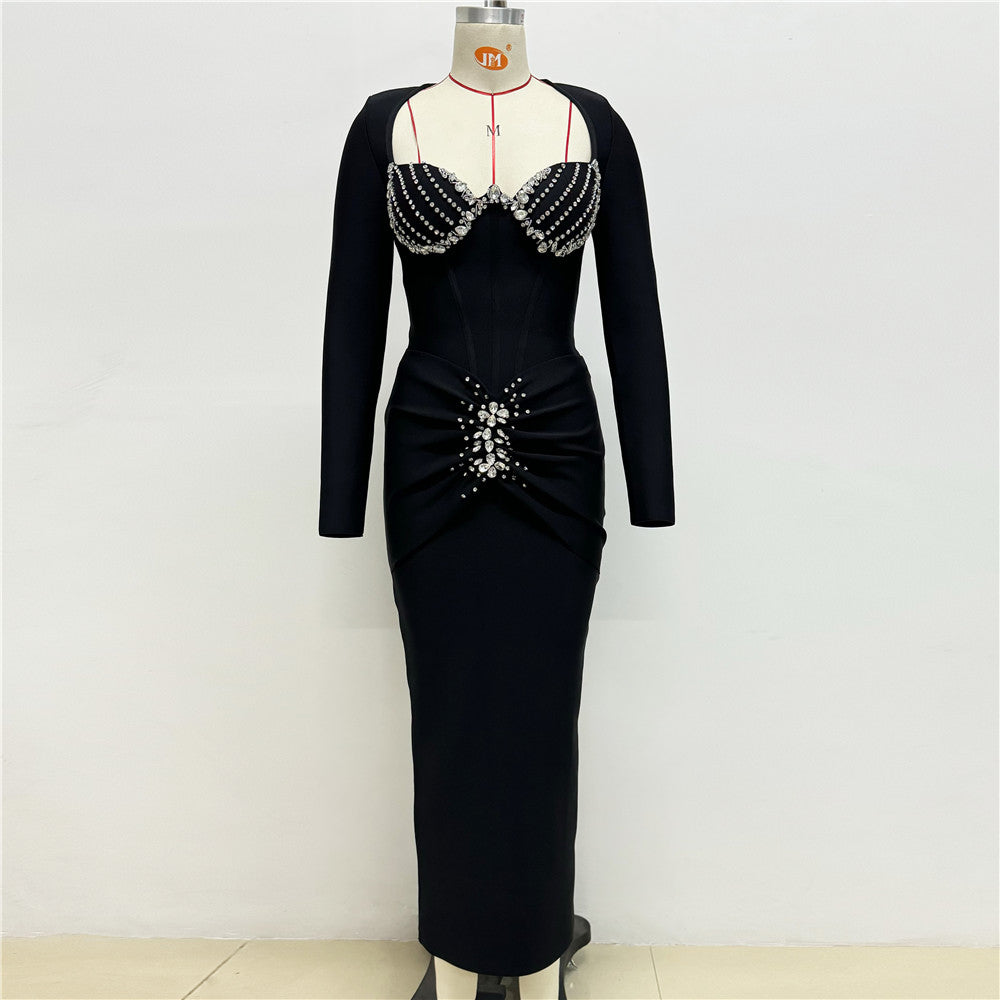 Long Sleeve Crystal Bustier Draped Maxi Dress Black HV2005