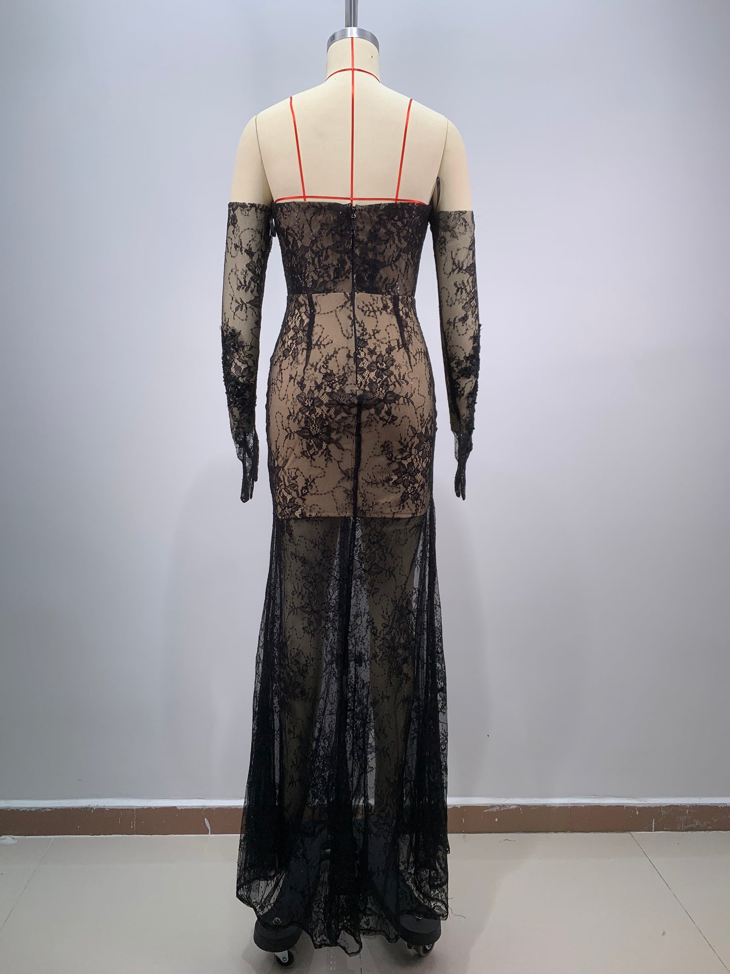 Strapless Sequin Lace Maxi Dress Black HV1630