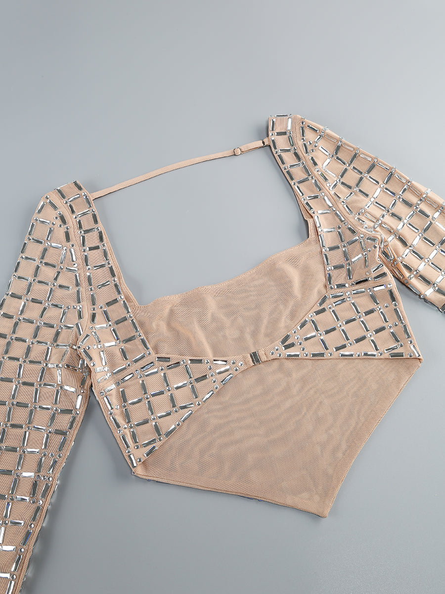 Long Sleeve Embellished Two Piece Dress Nude