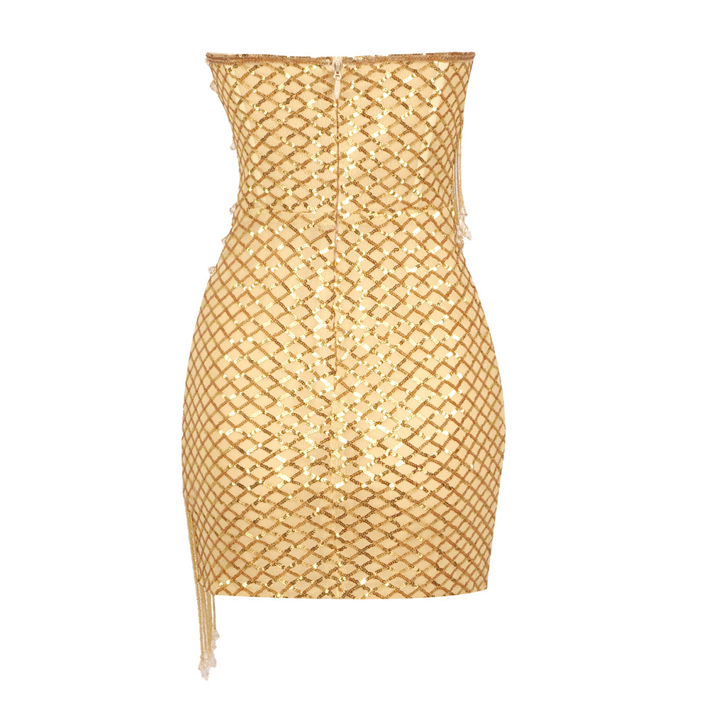 Strapless Sequin Tassel Dress Gold HV1794