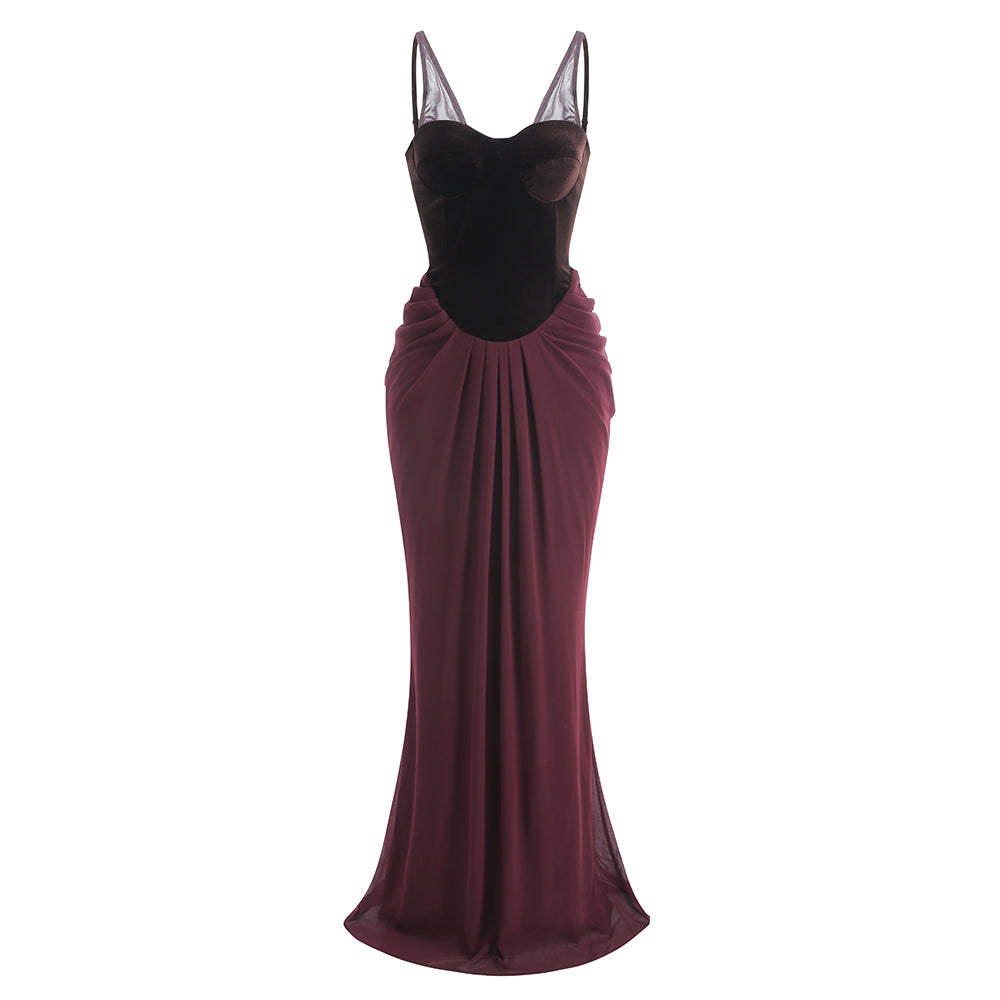 Velvet Bustier Draped Maxi Dress Brown HV2136