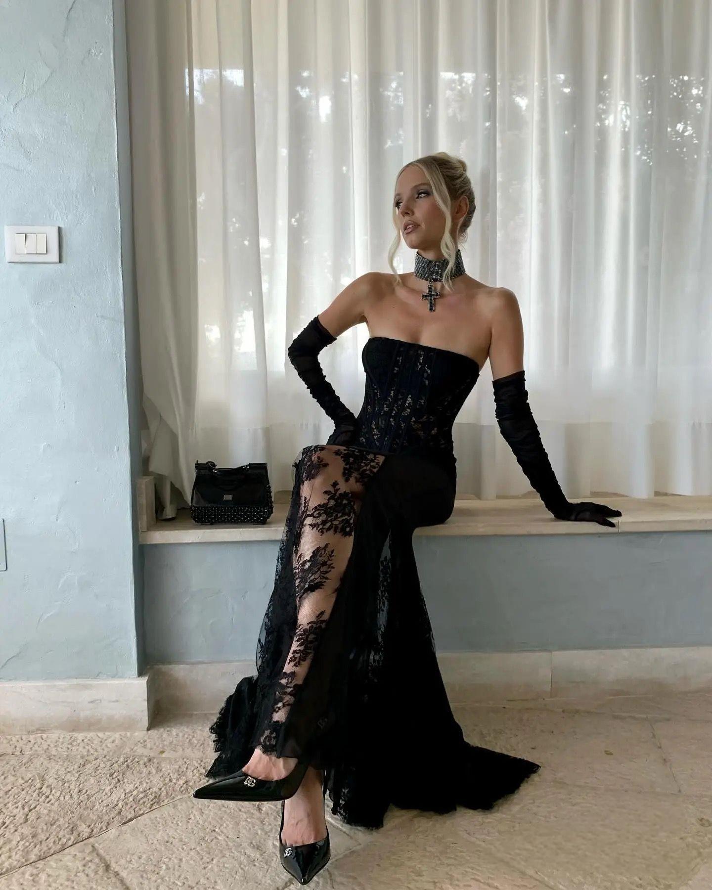 Strapless Lace Corset A Line Two Piece Maxi Dress Black