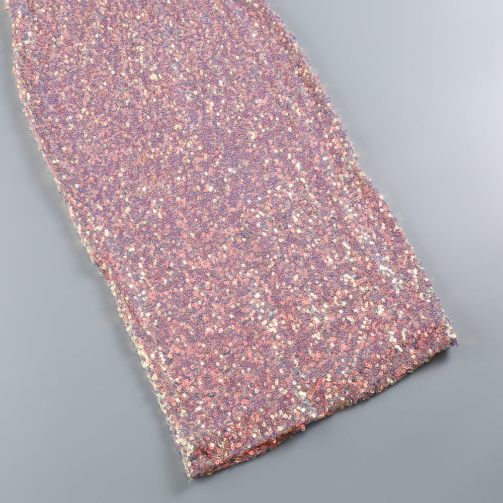 Feather Detail Sequin Midi Dress Pink White