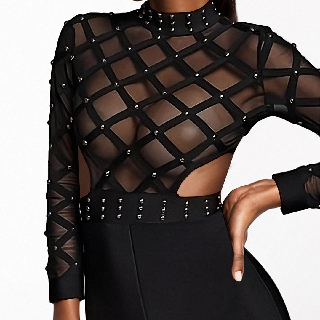 Long Sleeve Studded Mesh Jumpsuit Black