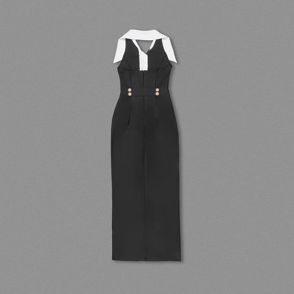 Halter Collar Maxi Dress Black White HV1780
