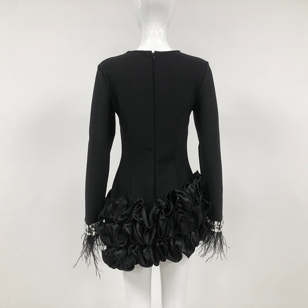 Crystal Feather Long Sleeve Ruffle Dress