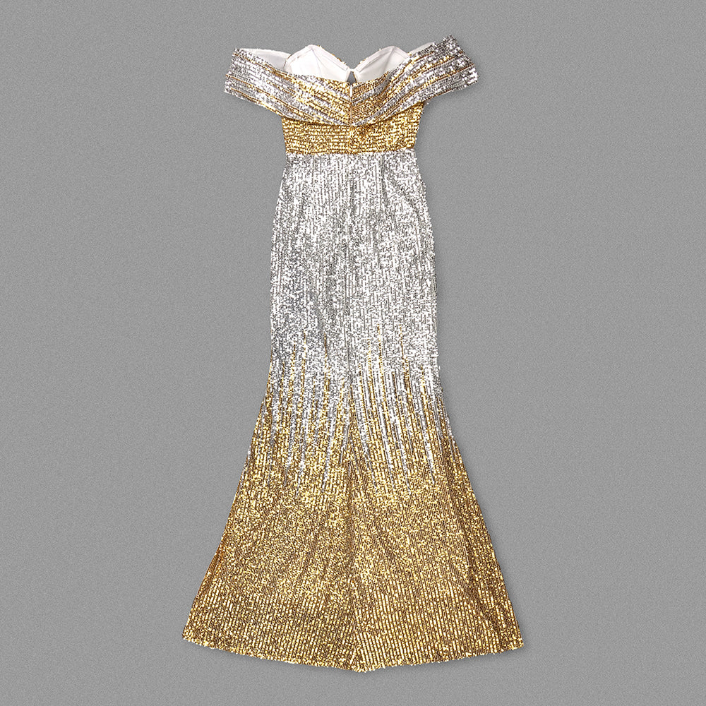 Bardot Crystal Sequin Maxi Dress Gold Silver HV1540
