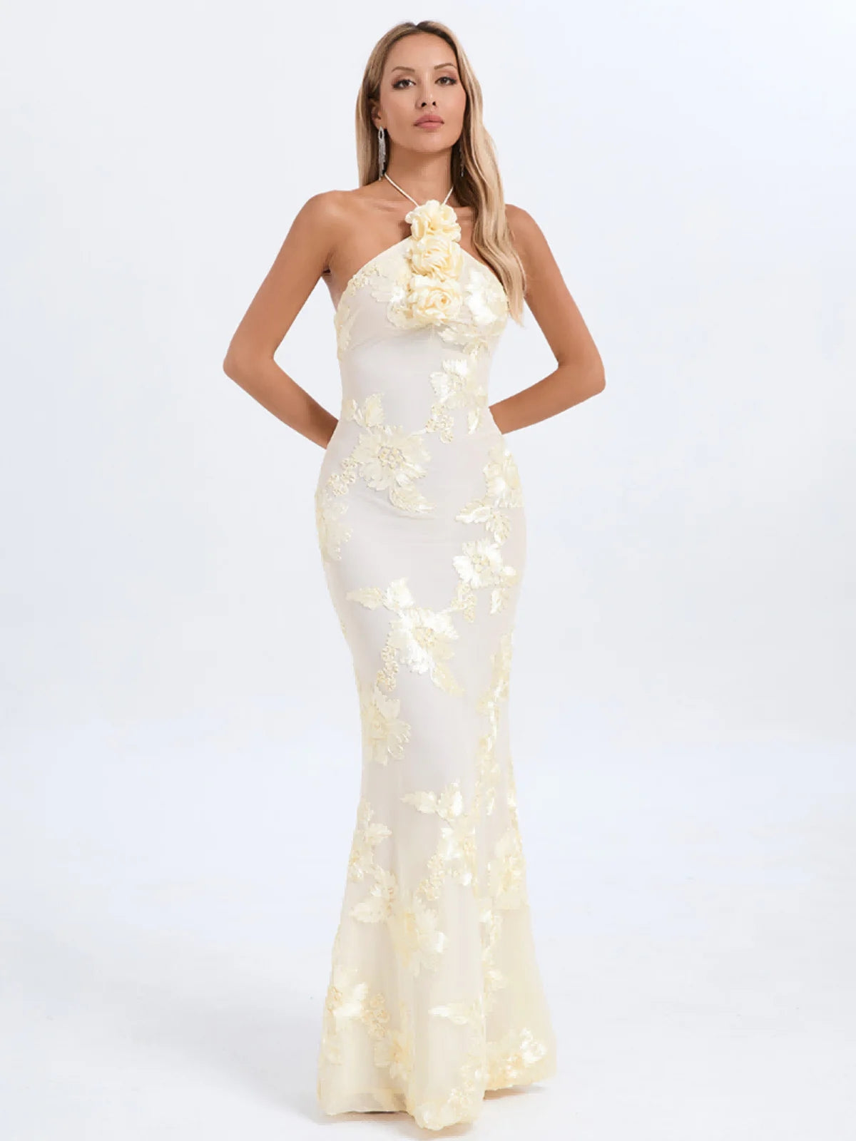 Halter Floral Maxi Dress Ivory HV1527