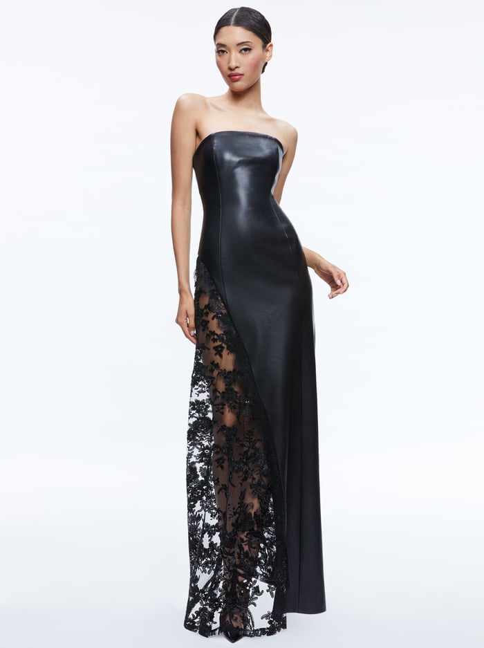 Strapless Sequin Lace Maxi Faux Leather Dress Black
