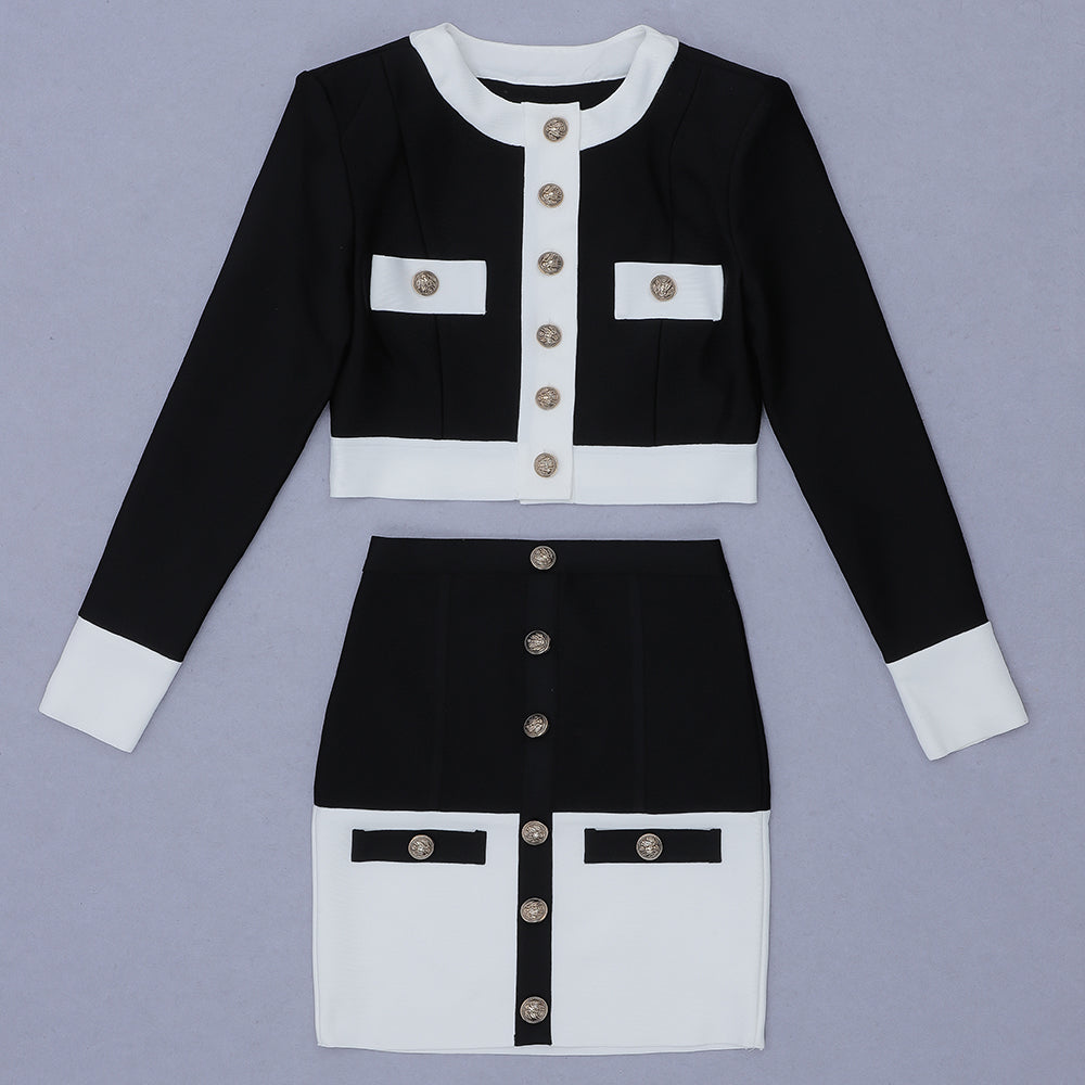 Long Sleeve Button Two Piece Dress Black White HV6907