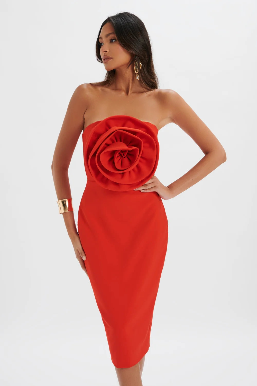 Strapless Flower Detail Midi Dress Red HV1587