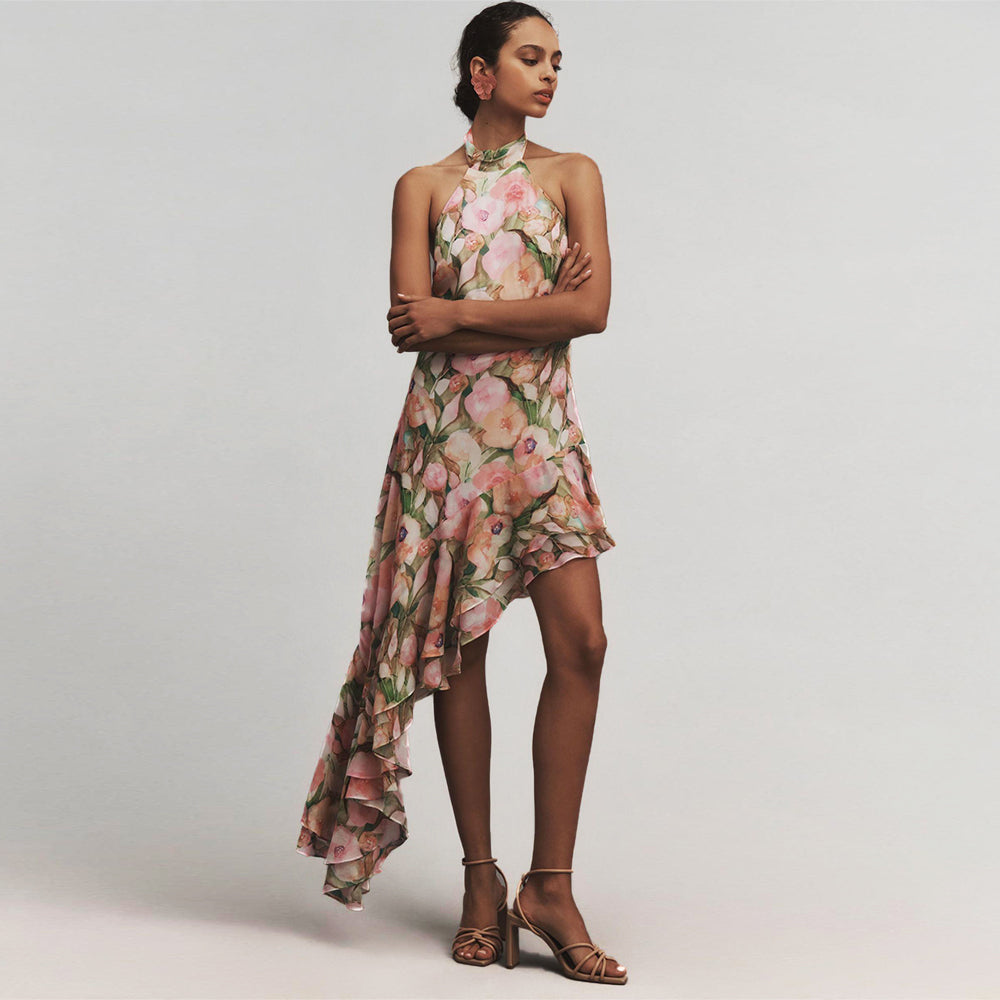 Halter Floral Ruffle Maxi Dress HV1035