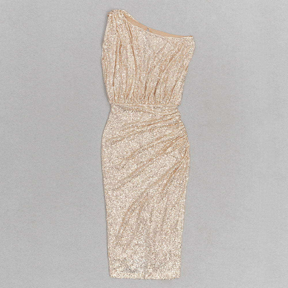 Boat Neck Sequin Draped Midi Dress Gold HV9624