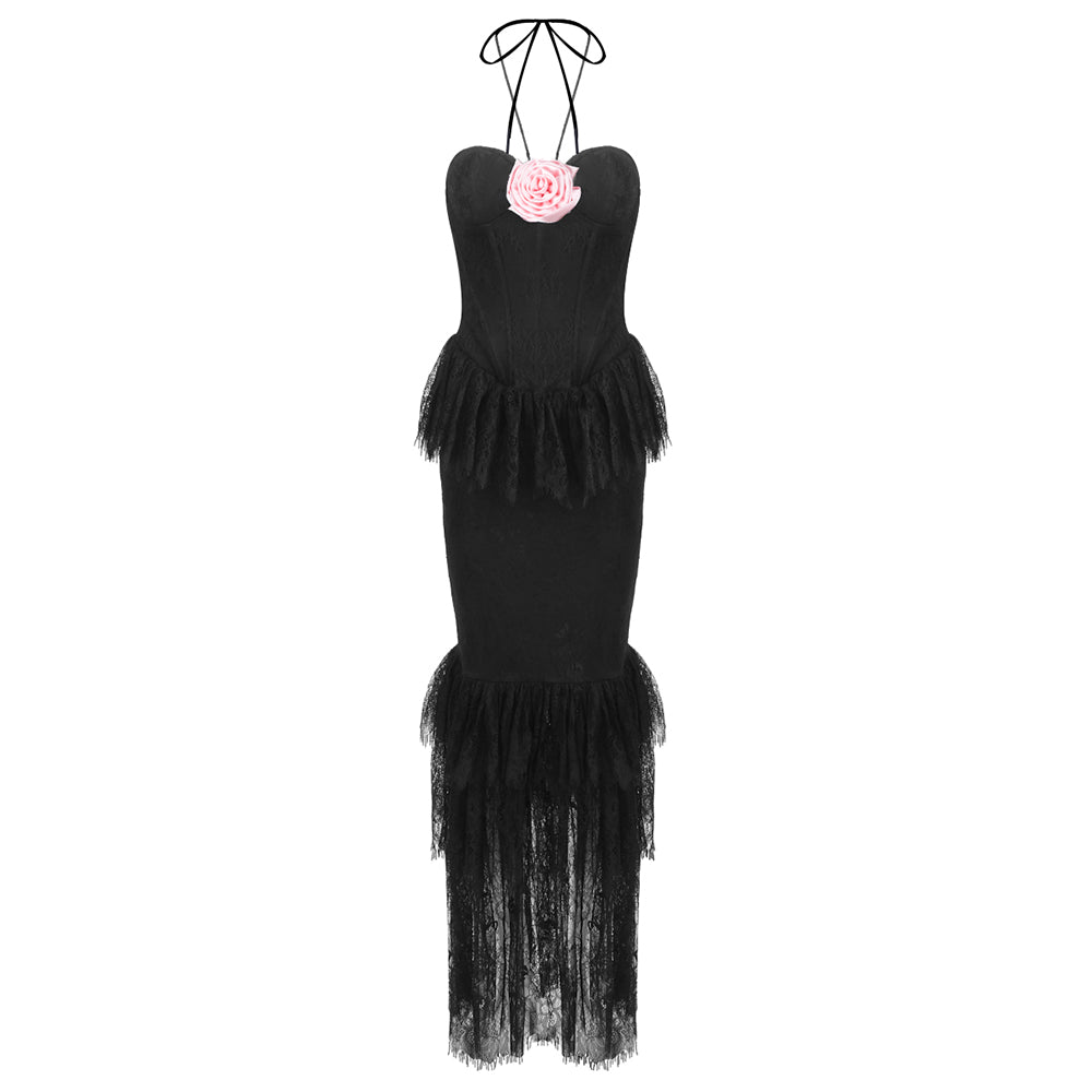 Halter Floral Lace Ruffle Maxi Dress Black HV2077