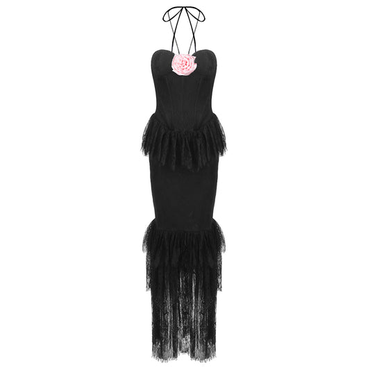 Halter Floral Lace Ruffle Maxi Dress Black HV2077