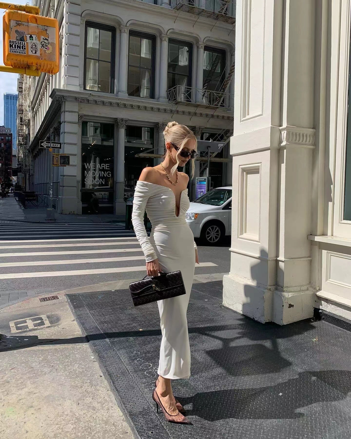 Long Sleeve Ruched Bardot Midi Dress White HV1923